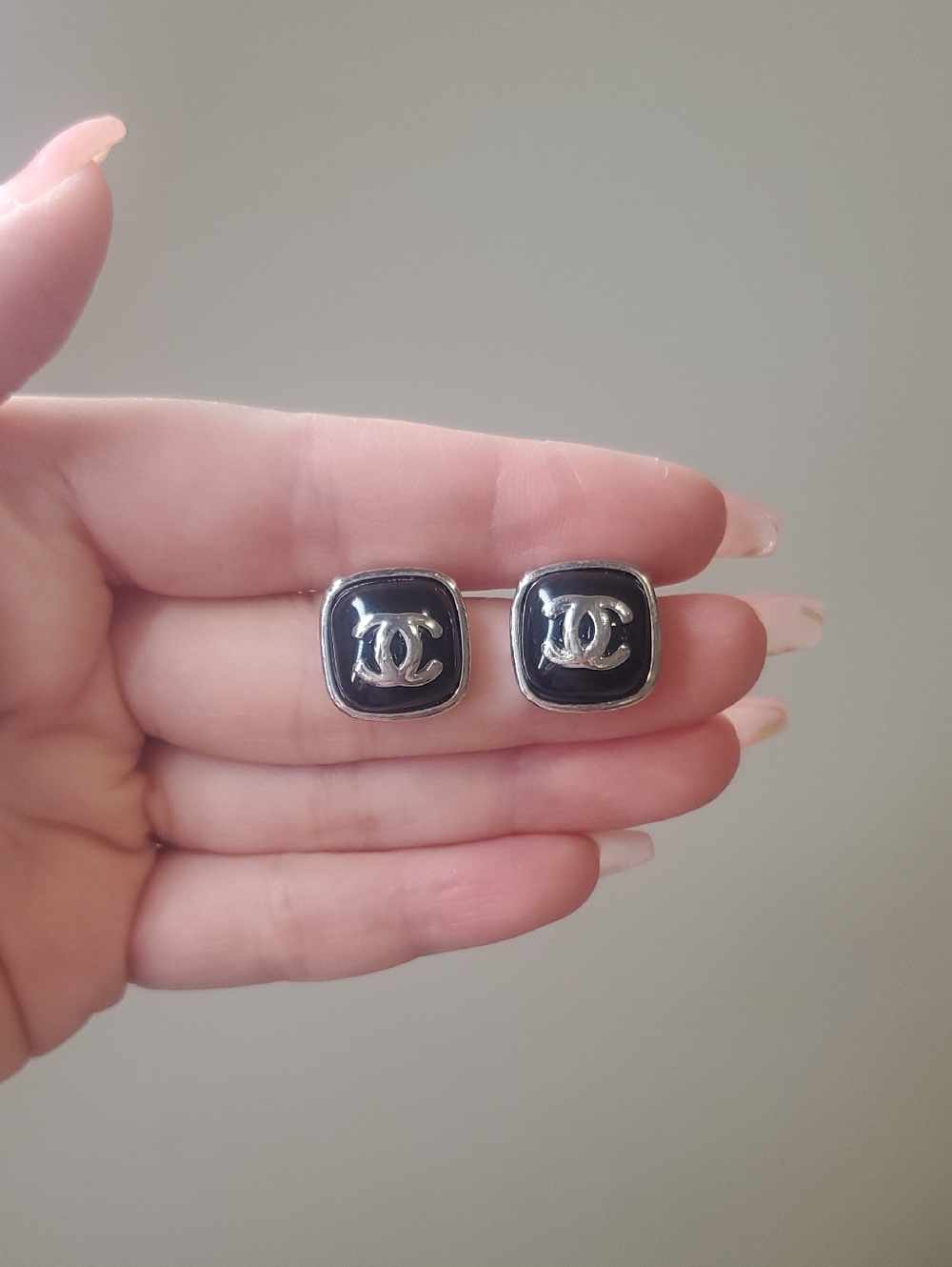 Chanel Black and Silver Square CC Logo Stud Earrings